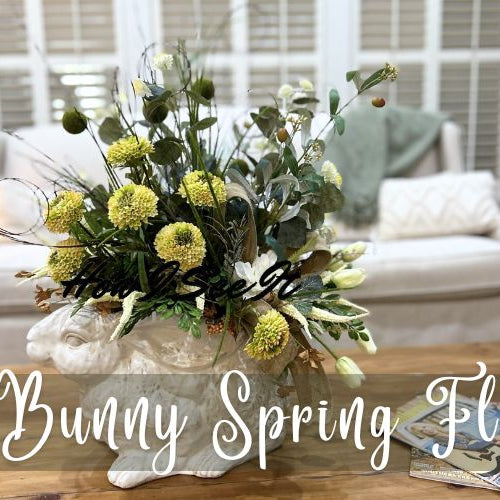 everyday spring floral arrangement in big ceramic bunny pot