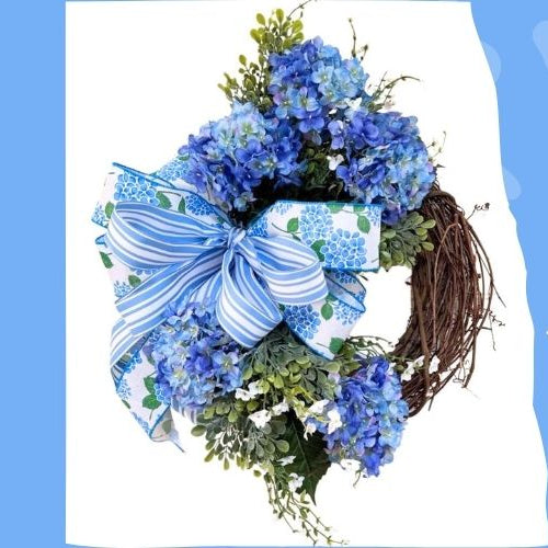 grapevine wreath with blue hdrangeas