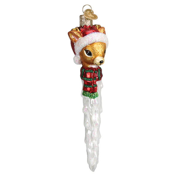 Introducing the Reindeer Icicle Old World Christmas 12677—a delightful tree decoration for the holiday season featuring a reindeer head wearing a Santa hat and a red and green striped scarf, elegantly tapering into an icicle adorned with shimmering accents.