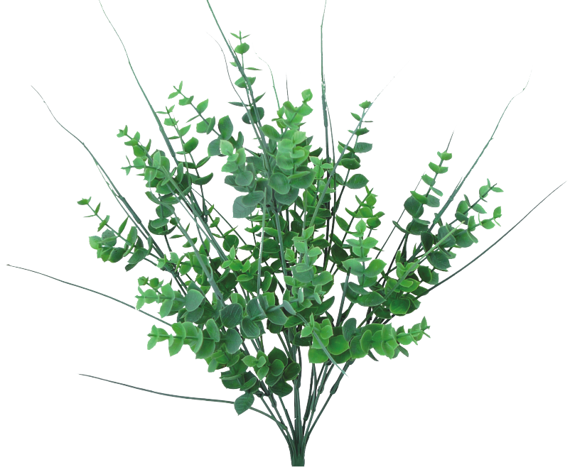 The 18 Green Plastic Eucalyptus Bush 9 Stems (13310GN) features vibrant green eucalyptus branches with round leaves and slender stems, arranged in a fan-like pattern. Its simplicity and freshness are highlighted against a plain white background.