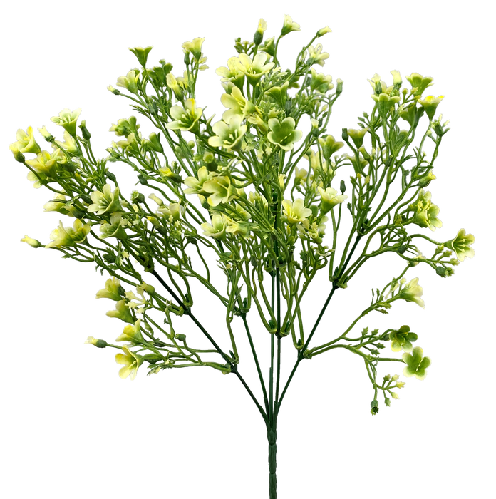 Clusters of small, delicate yellow-green flowers on slender 14 stems resemble the 14 Cream Plastic Wax Flower Bush with multiple branches, model 13539CM.