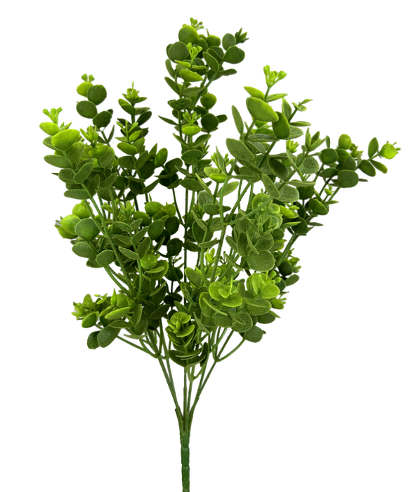 The 20 Green Plastic Flocked Eucalyptus Bush with 7 Stems (13643GN) features artificial sprigs of fresh green, rounded leaves on thin stems and is shown isolated on a white background.