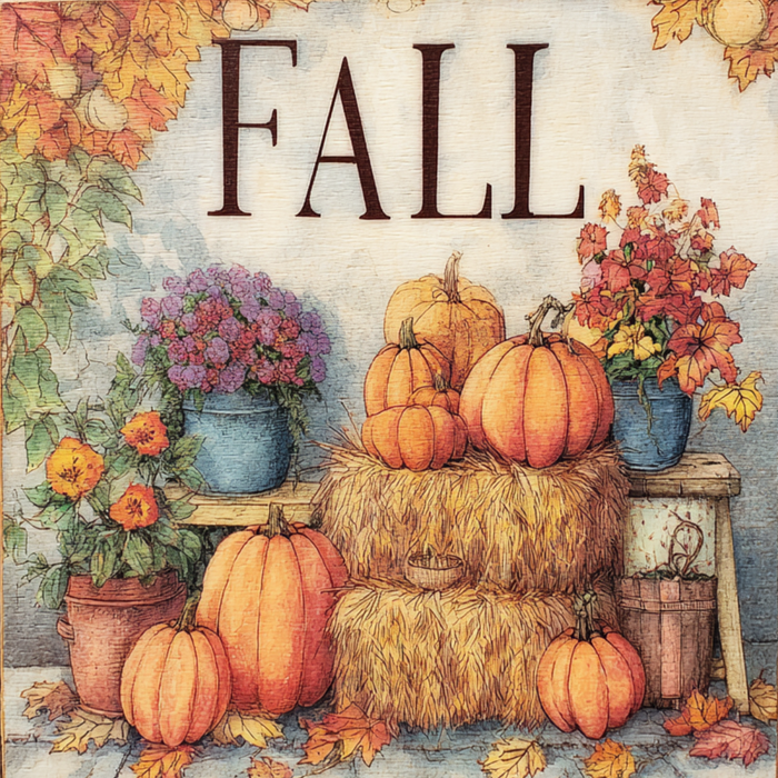 The 10 x 10 Fall Scenery Sign TTE-332 features pumpkins, hay bales, potted flowers, and fallen leaves with FALL in bold letters. Warm festive colors create a cozy autumn atmosphere on this charming metal sign.