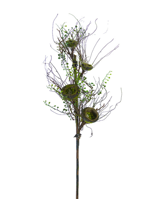 A tall, slender 34 Green and Brown Birds Nest Branch (2140088GB) with small green leaf clusters and round, bowl-like birds nests against a plain white background.