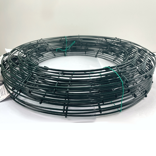 A bundle of ten 14 box wreath frames (36004), made of coiled dark green wire and secured with green ties, rests on a white surface against a light background—ideal for crafting wreaths.