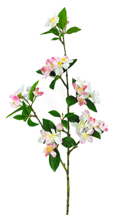 The 35 Cream and Pink Crab Apple Blossom Spray (29475CMPK) features a blooming branch with cream and pink flowers and vibrant green leaves on a clear background. Delicate blossoms are scattered along the stem, creating an elegant display.