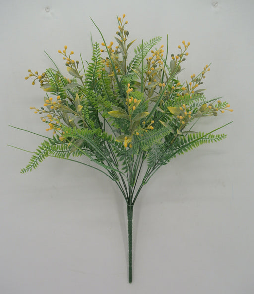 The 22 Yellow Mini Berry Mixed Leaf, product 32018-Yel, features artificial mixed leaves with green fern-like foliage and small yellow mini berry buds, all against a light gray background. The stems are wrapped together at the base.