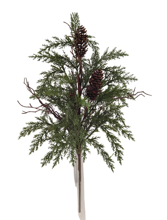 The 22 Green Pine and Cone Bush 32131 showcases artificial evergreen needles, small brown pinecones, and slender twigs, arranged upright against a simple light background.