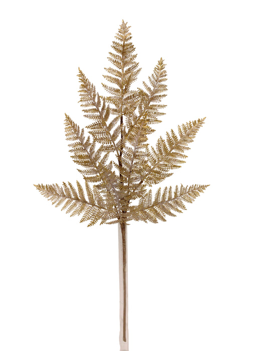 The 29 Gold and White Frosted Fern Spray 32141 features a single gold fern with multiple fronds, accented in white, shown against a simple light background.