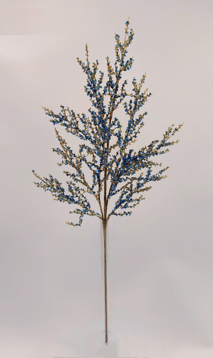 The 30.5 Blue and Gold Iced Twig Spray (32146-BLGD) features multiple slender stems adorned with small blue and gold flowers, displayed against a plain white background.