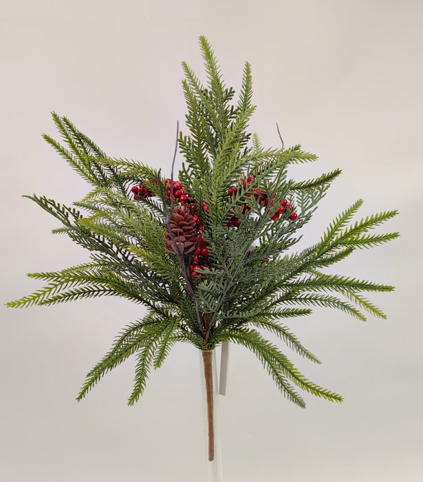 The 20.5 Green and Red Pine berry Cone Bush 32183 features lush green pine branches, red berries, and a brown pinecone, offering classic holiday charm on a white background.