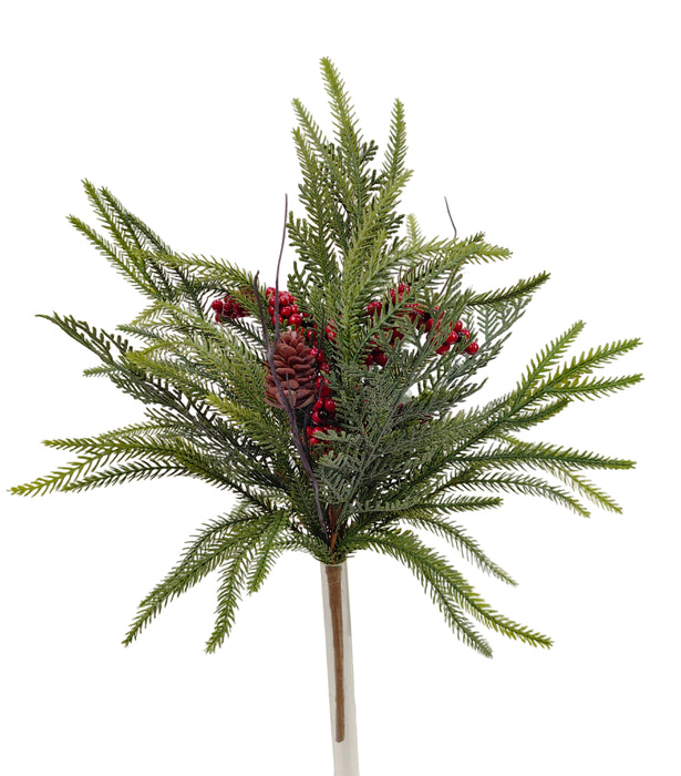 The 20.5 Green and Red Pine berry Cone Bush 32183 features lush green pine branches, red berries, and a brown pinecone, offering classic holiday charm on a white background.
