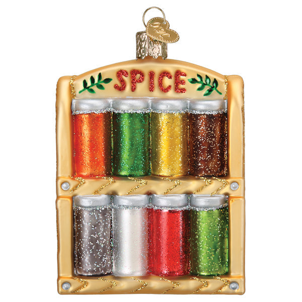 The Spice Rack Old World Christmas Ornament 32594 is a festive kitchen decor piece with colorful spice jars in two rows and "SPICE" in red letters, perfect for cooking art lovers or adding a whimsical touch to your kitchen.