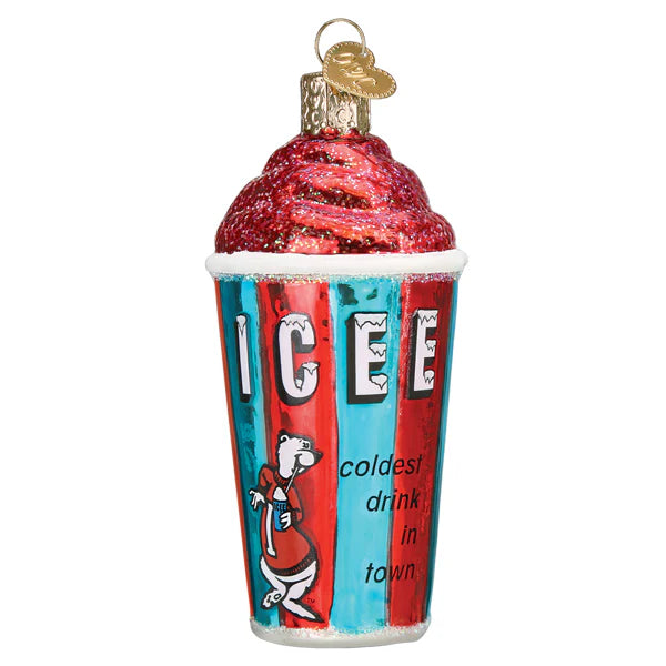 Bring nostalgia to your tree with the Icee Old World Christmas Ornament 32604, designed like the classic ICEE cup with colorful stripes, a glittery red top, and polar bear mascot—a charming holiday decoration!.