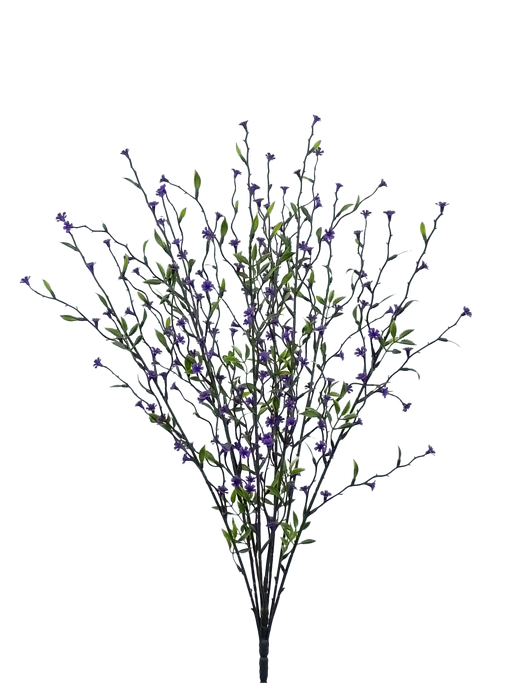 The 22 Purple Twig Flower Spray 35070PU features slender branches with small green leaves and numerous tiny purple flowers, beautifully arranged in a fan shape against a plain white background.