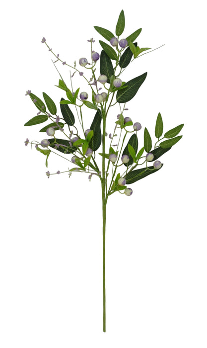The 26 Purple Berry Spray 40207-PU showcases vibrant green leaves and an array of striking purple and white berries, all set elegantly against a plain white background.