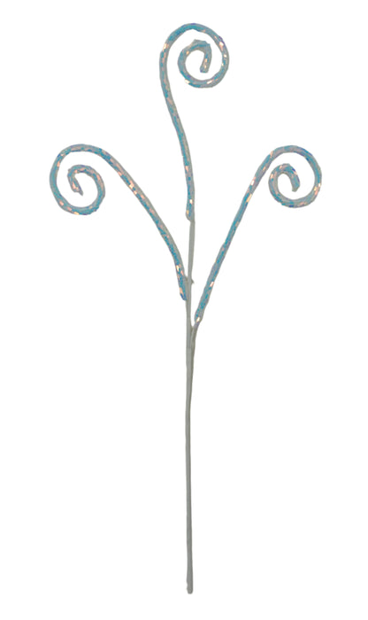 The 30 White Sequin Curly Spray (40245-WT) features three upward curving spiral branches with small reflective sequins, providing a sparkling white decorative accent.