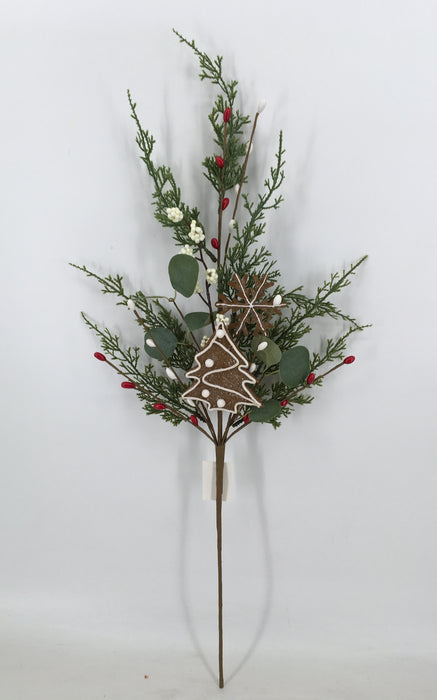 The 30 Green and White Mixed Pine Snowflake 40306 features green pine branches, red berries, white accents, eucalyptus leaves, and mixed pine snowflake gingerbread ornaments including a Christmas tree and snowflake on a plain white background.