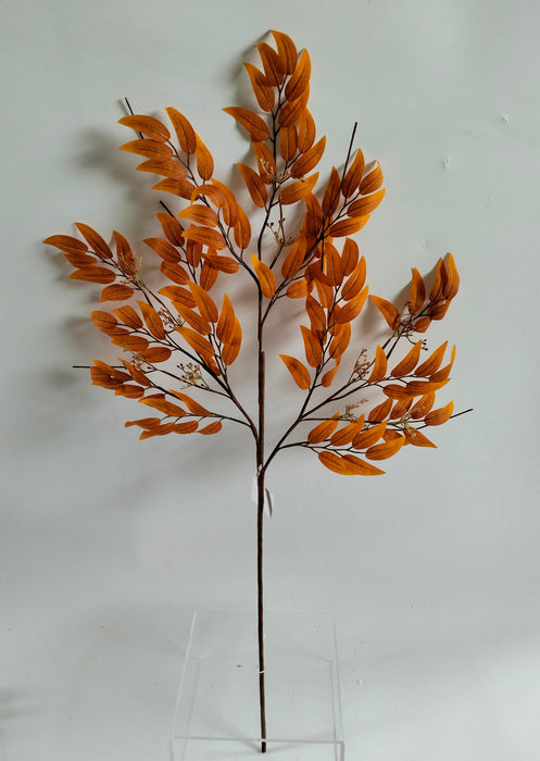 The 32 Orange Seed Eucalyptus Spray 40319-OR features multiple stems with orange-brown, elongated leaves clustered together, shown against a plain white background.
