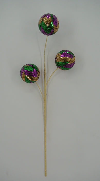 The 26 Gold, Green and Purple Sequin Ball Spray (40353-GOLDGNPU) features three sequin-covered round ornaments on a decorative gold stem, perfect for festive decor.