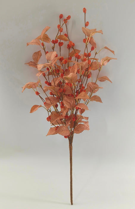 The 21 Fall Birch Berry Spray 40373 is an artificial branch with reddish-orange leaves and orange berry clusters, perfect for adding a touch of autumn color to any space with a plain, light background.