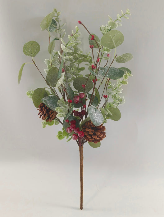 The 20 Green and White Frosted Eucalyptus Spray 40379 features green leaves, white frosted accents, red berries, and two brown pine cones on a single stem, shown against a plain white background.