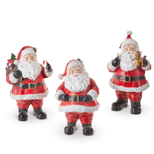 The 9 Vintage Santa 4211333 figurines feature Santas in red suits with white trim, each holding a holiday item—a present with candy cane, a letter, or a teddy bear—perfect as charming Christmas decorations.