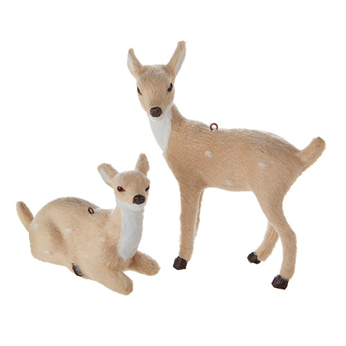 Set of 2 plush 5.25 Deer Ornaments (4250105) with tan fur and white spots—one standing, one lying down. Both have white chests and dark accents, making them charming seasonal decor.