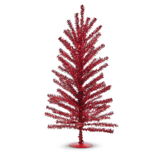 The 24" Red Tinsel Tree 4315610 boasts a streamlined metal structure with delicately spaced branches that rest elegantly on a compact red base. Its glittering and festive look effortlessly enhances any holiday décor with a touch of simplicity and elegance.