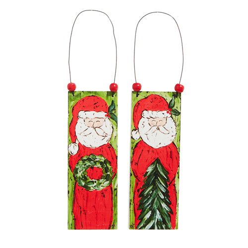 The 6 Set of Two Santa Claus Wooden Ornament 4316105 features rectangular wood and metal ornaments with painted Santas—one holding a wreath, the other a tree. Each has a wire loop with red beads and a festive green background for hanging.