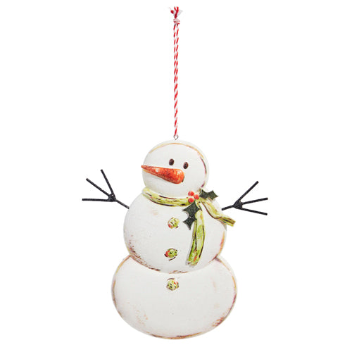 A 6 Snowman Ornament (4316228) featuring a green scarf, carrot nose, and twig arms hangs by a red and white string.