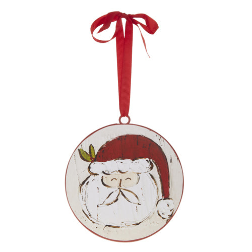 The 6 Santa Face Disc Ornament 4321325 features a rustic painted Santa Claus in a red hat with a red hanging ribbon, making it a charming addition to your holiday décor.