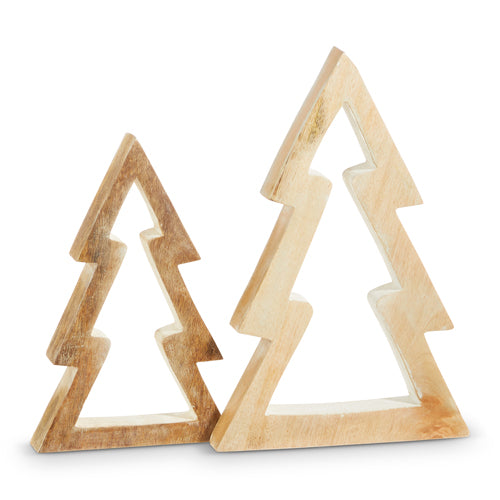 Set of 2 stylized cutout trees, including the 13.25" Cutout Tree 4334005 in smooth, light wood finishes—one large and one small—with hollow centers, displayed side by side on a white background.