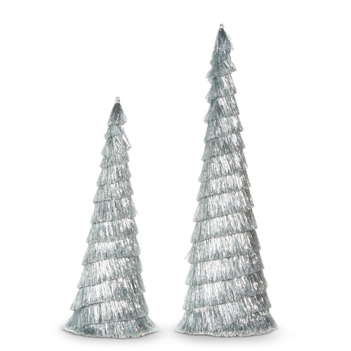 The 24" Silver Tinsel Trees 4334055 set features two different-height silver tinsel trees with a layered, fringed look—perfect for adding modern style to your holiday decor.