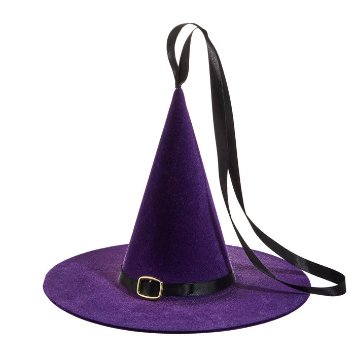 The 10" Purple Flocked Witch Hat 4540850 features a wide brim, a black ribbon band with a gold buckle, and long black ribbon ties attached to the top.