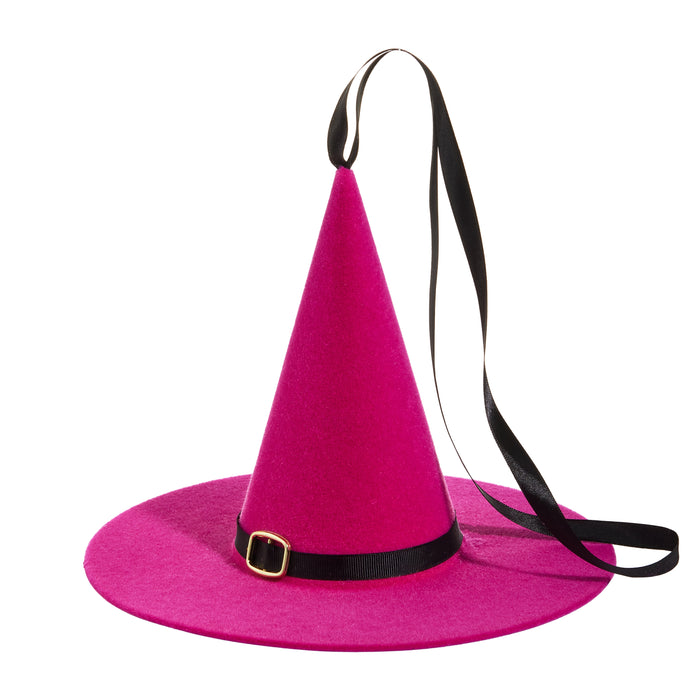 The 10" Pink Flocked Witch Hat 4540889 features a wide brim, tall pointed crown, black ribbon band with gold buckle, and long trailing black ribbons for a stylish touch.