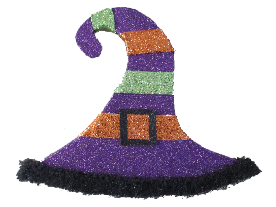 The 11 x 9.5 Purple Green and Orange Witch Hat Ornament (52187PUGNOR) features glittery stripes, a black buckle, fuzzy brim, and a curled point for a festive, playful touch.
