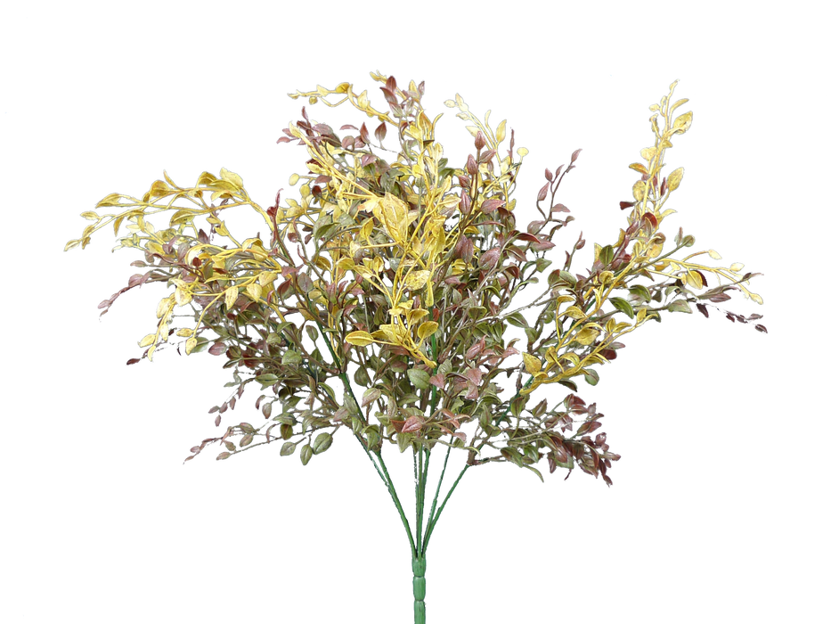 The 18 Plastic Grassy Bush with 7 stems in yellow and brown (56417YWBN) features colorful foliage and is pictured against a plain gray background.