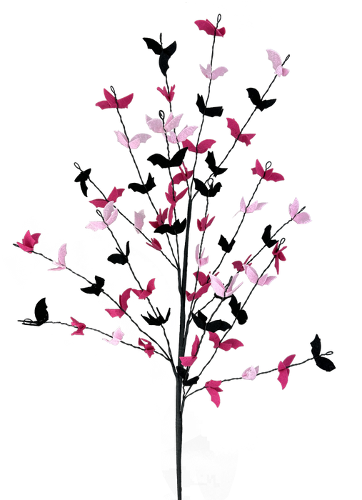 The 30 H Hot Pink and Pink Bat Filler Spray 57032BTPK features butterfly-inspired ornaments in hot pink and magenta on black stems, showcased against a transparent background.