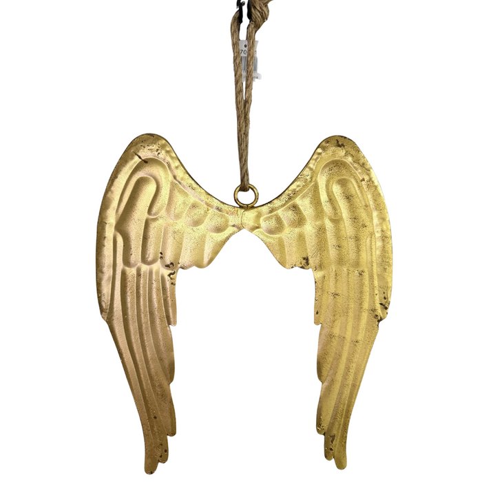 The 11 by 13 Antique Gold Distressed Metal Angel Wings (570501) feature feather-like patterns, weathered edges, and hang by a brown string for a charming vintage look.