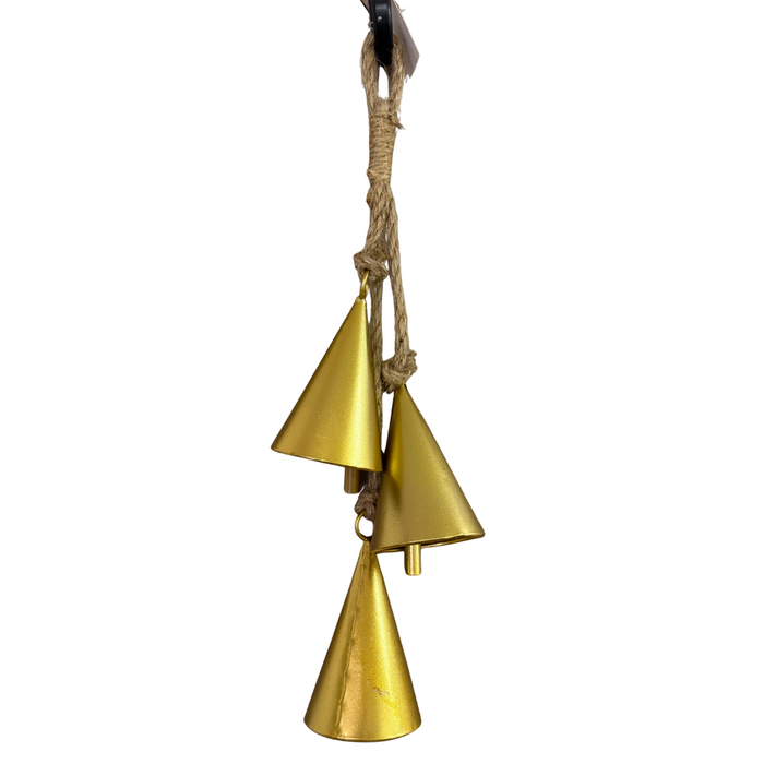 The 16 Gold Holiday Agogo Bell Cluster 570570 features three cone-shaped bells hanging from a thick, knotted jute rope, displayed against a white background.
