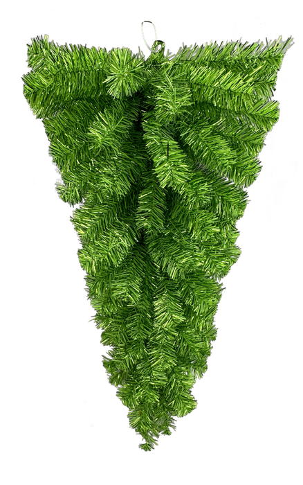The 32 Green Tinsel Teardrop (57197TE32) is a hanging artificial greenery arrangement with lush pine branches in an upside-down triangle shape, ideal for festive decor.