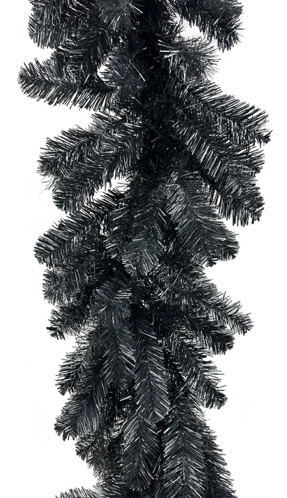 A close-up of the 9 Black Black Tinsel Garland (57198GA9), showcasing its densely arranged artificial pine and striking, detailed needle-like branches along the length.