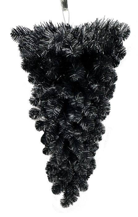 The 32 Black Tinsel Teardrop 57198TE32 hangs upside down with dense, bushy branches that taper to a point. A hook at the top makes it easy to display this striking Christmas décor piece.