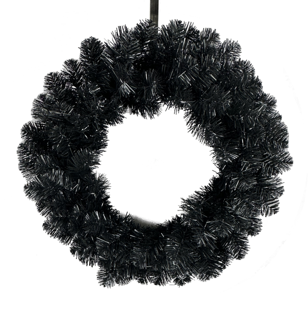 The 24 Black Tinsel Wreath 57198WR24 features shiny, tinsel-like material in thick, bushy loops, displayed against a plain background.