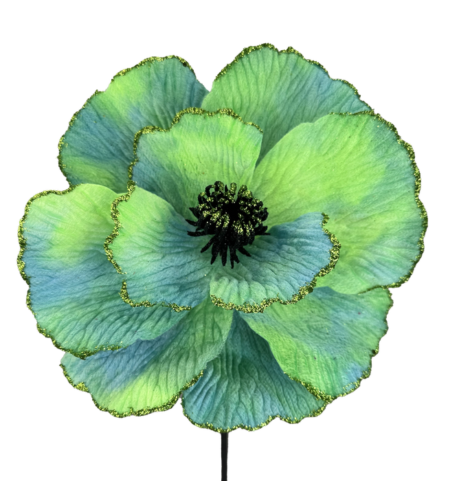 The 11 x 19 Green Fantasy Flower Pick 57222GN features layered green and blue petals edged in gold glitter and a black center with radiating details, creating a striking decoration that stands out against any plain background.