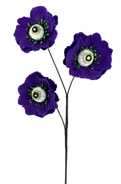 The 24 Purple Eyeball Flower Spray with 3 Stems (57241PU) features three purple flowers, each with a lifelike eyeball center and green beads for a surreal, eerie look on a transparent background.