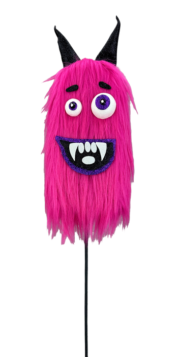 A fuzzy Hot Pink monster puppet with two black horns, wide eyes, and a big open mouth shows off its white teeth and fangs on a transparent background—perfect for capturing the fun vibe of the 24x5x3 Hot Pink Furry Monster Spray 57304BT!.