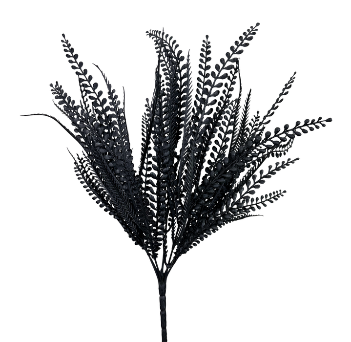 A 20 Black Plastic Leaves Bush With 7 Stems (57314BK), featuring multiple fern-like leaves on each stem, isolated on a transparent background.