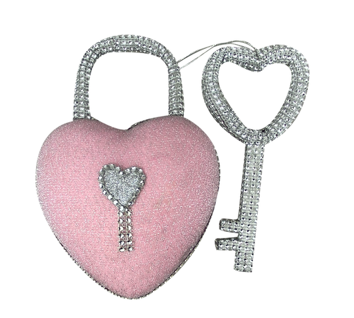 Introducing the 9.5" by 6" by 3" Pink Bling Heart Lock N Key: a delightful heart-shaped pink padlock, model 63011PK, that comes with a coordinating heart-shaped key. Both are elegantly embellished with glistening rhinestones on a transparent backdrop for an added touch of sophistication and style.